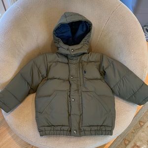 Boys 4T winter down puffer coat. Olive green with navy inside. Detachable good.